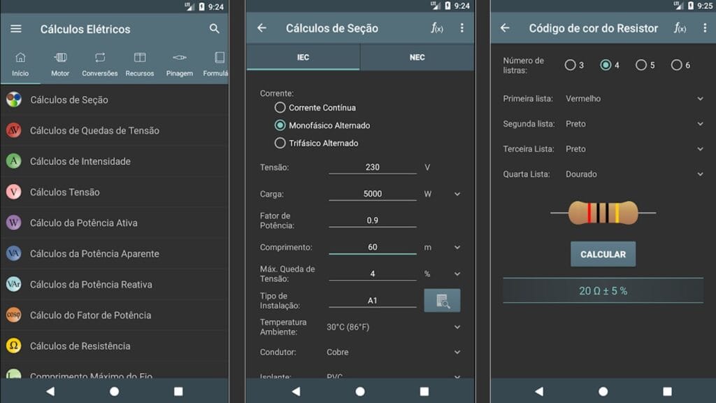 Tipos de aplicativos para eletricistas e engenheiros com cálculos elétricos
