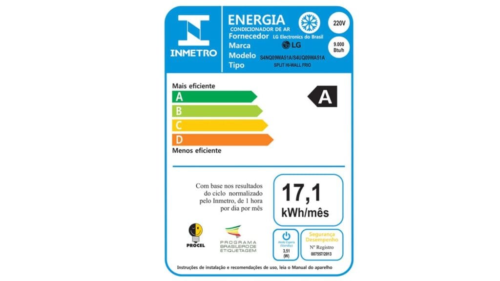 Selo Procel do ar condicionado LG para calcular BTU para Watt