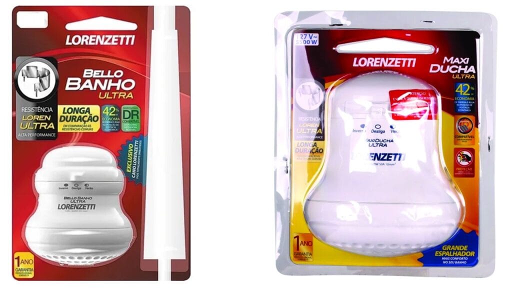 Embalagem do chuveiro Lorenzeti usado na tabela de disjuntores para chuveiro na embalagem