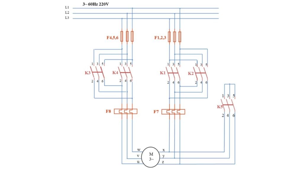 Diagrama de potência do tipo de partida de motor Dahlander com reversão