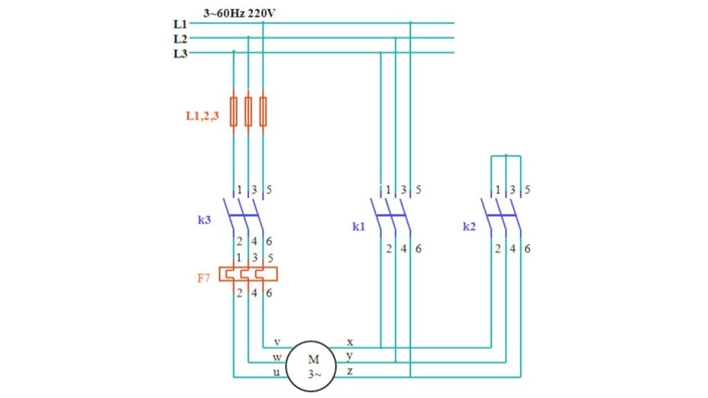 Diagrama de potência do tipo de partida de motor Dahlander