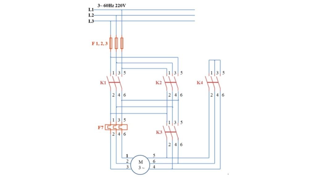 Diagrama de potência do tipo de partida estrela triângulo com reversão