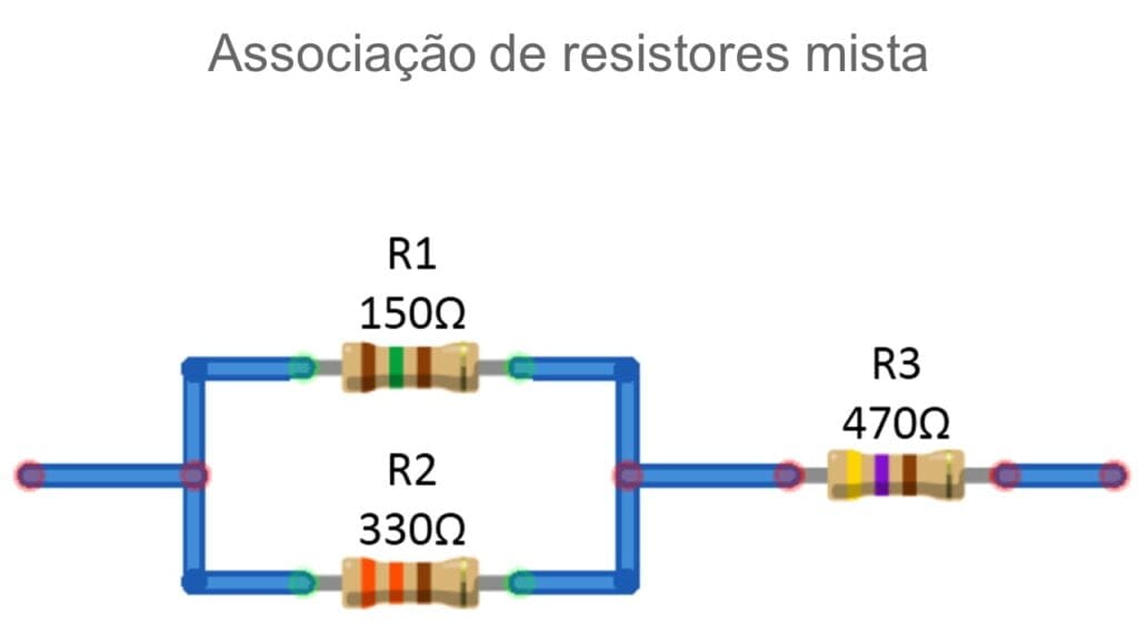 Exemplo de associações de resistores mista com três resistores