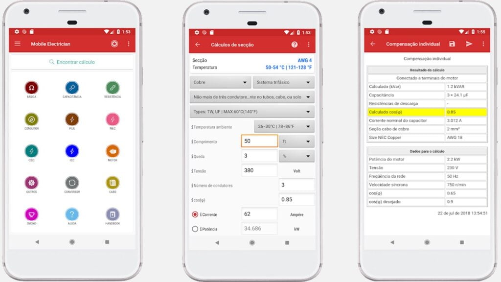 Exemplo de aplicativos para cálculos elétricos como Mobile Electrician