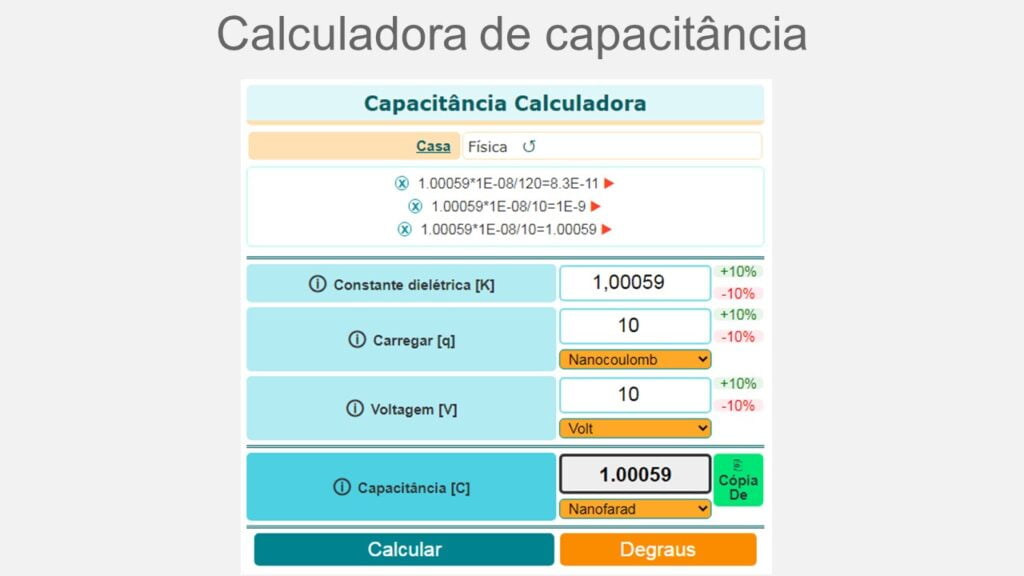 Exemplo da calculadora de capacitância